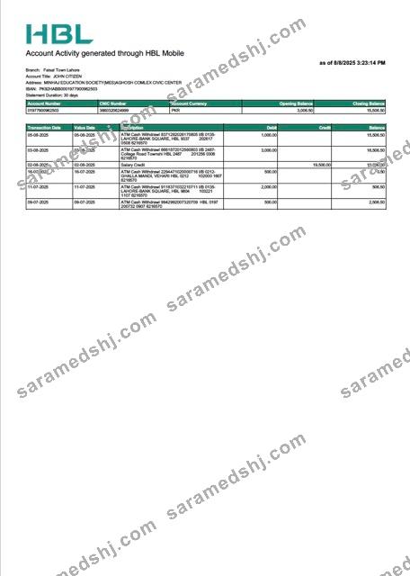 Pakistan HBL account statement Word and PDF template